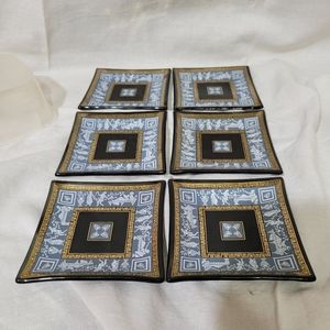 Vtg Set Of 6 Cera Etruscan Frieze 22k Gold Smoked Glass Appetizer Dishes